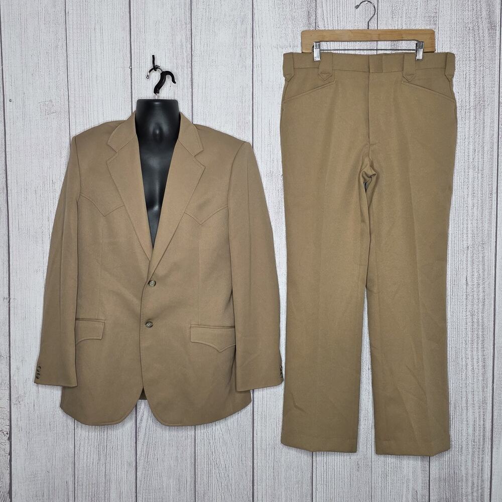 Vintage Circle S Western Suit 42L Mens Tan Cowboy Blazer Pants USA 2 Piece